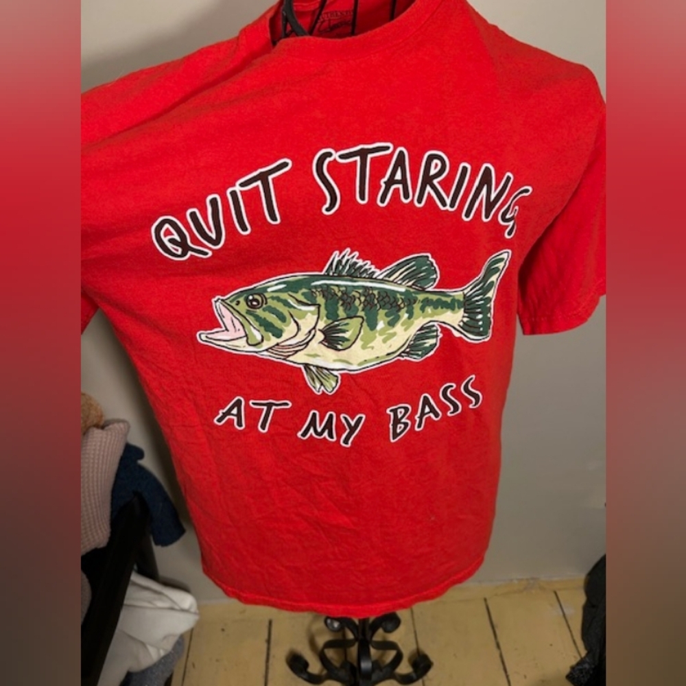 funny  size large mens red athletic shirt outdoor wear fishing fish